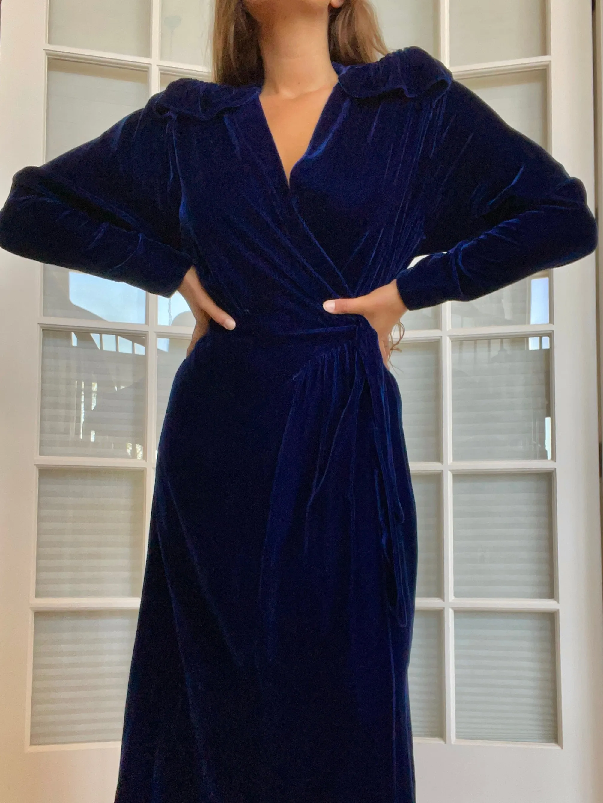 1940s Royal Blue Crushed Velvet Hostess Gown