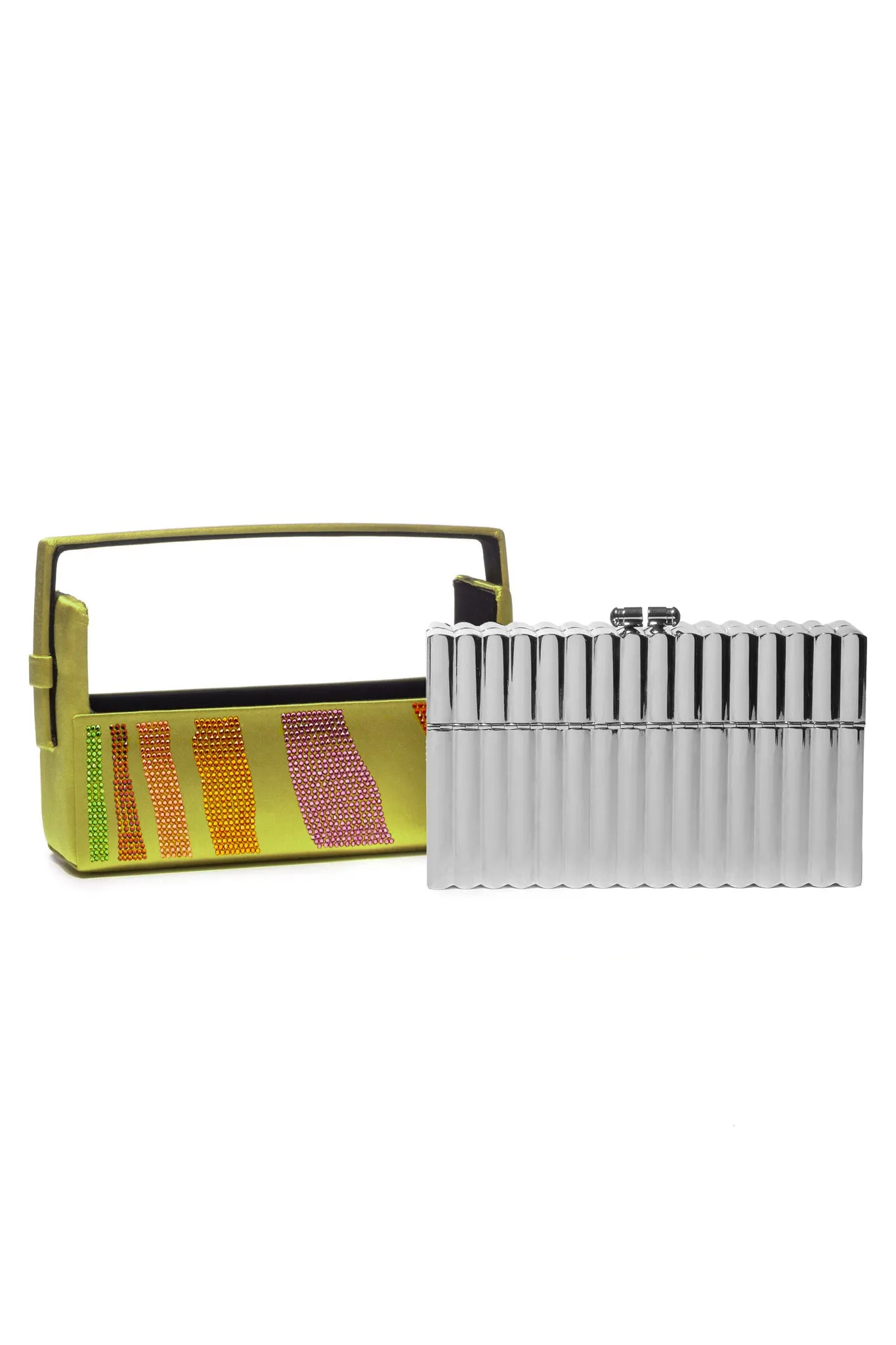 BIENEN DAVIS x AURETA Silver Tubular Xenon Minaudière with Lime Zebra Swarovski Crystal Case