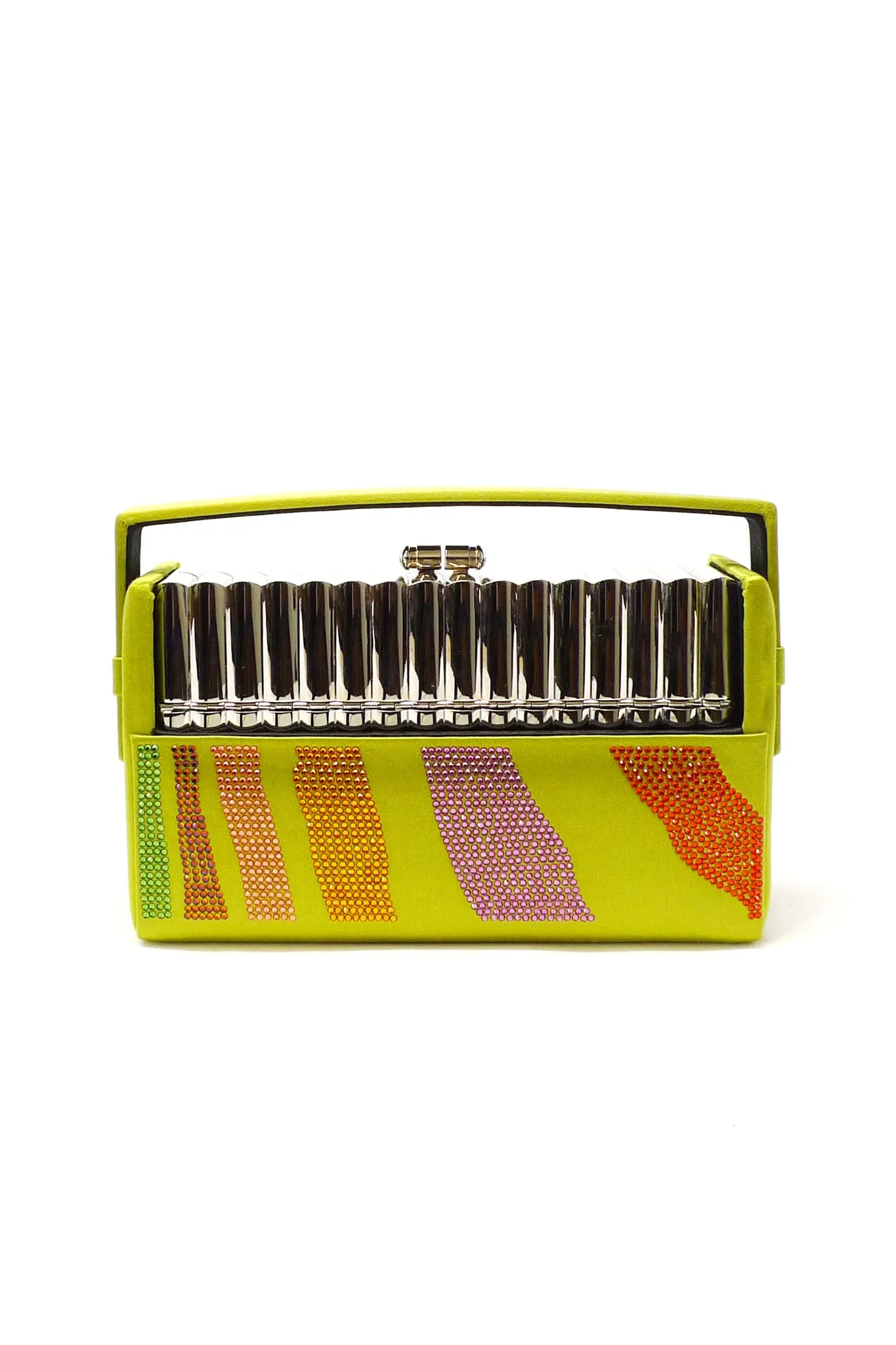 BIENEN DAVIS x AURETA Silver Tubular Xenon Minaudière with Lime Zebra Swarovski Crystal Case