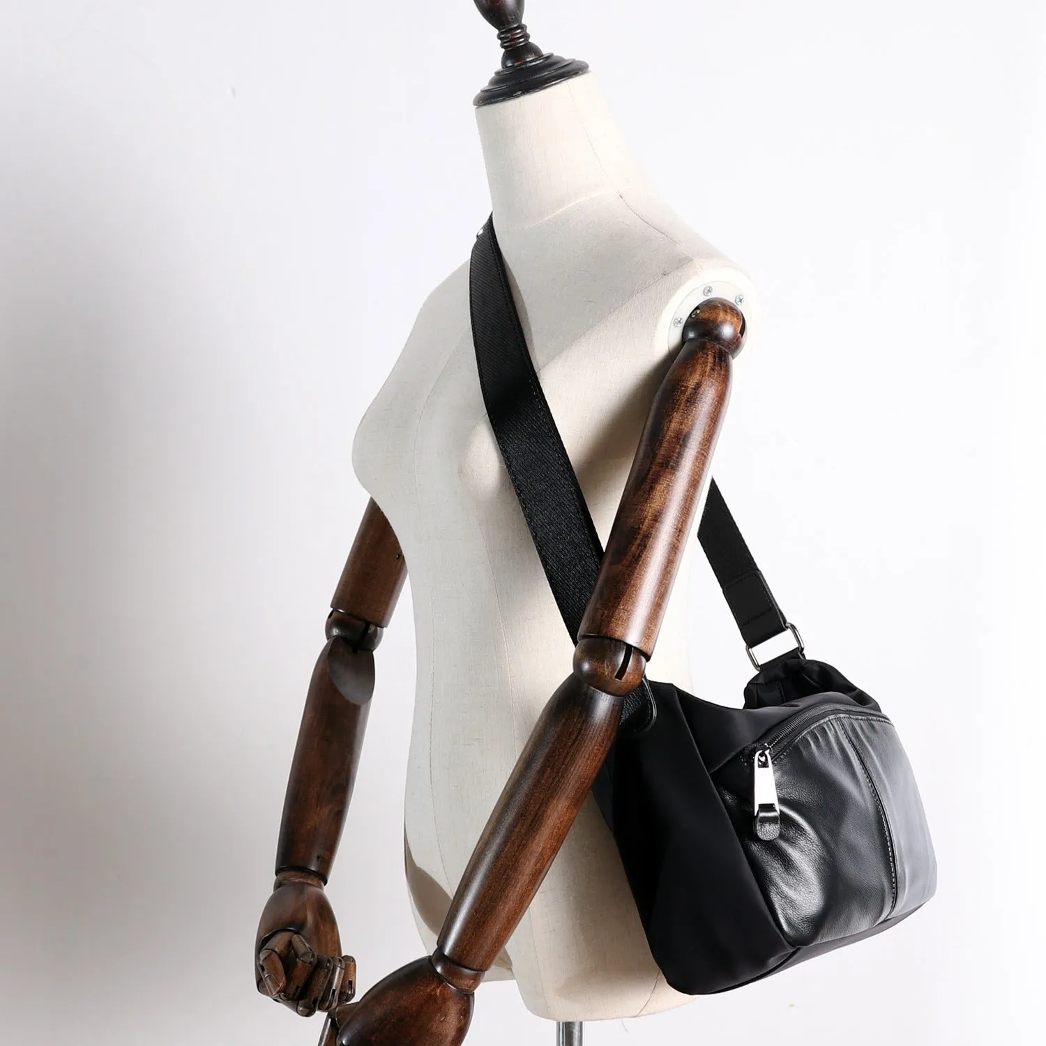 Black Crossbody Nylon Bag Womens Leather Nylon Shoulder Bag Mens Black Nylon Crossbody Bag