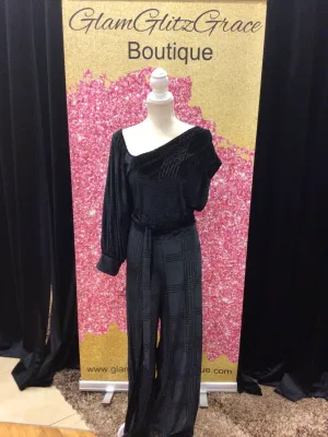 Black Semi Stretch Velvet Jumpsuit
