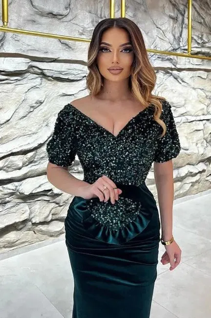 Blue, Burgundy and Emerald Sexy Sparkly Top Sequin Velvet V-neck Mermaid Short Sleeves Long Prom Dress, PD3522