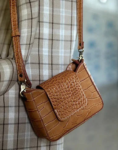 Brown LEATHER Side Bag WOMEN Crocodile SHOULDER BAG Small Crossbody Purse FOR WOMEN