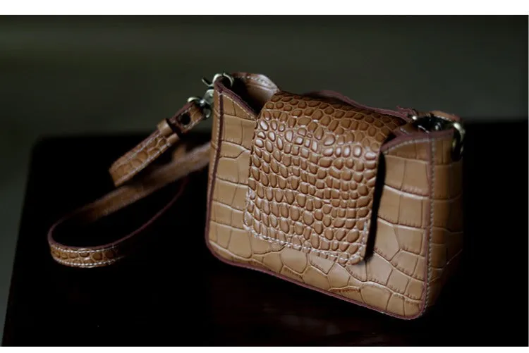 Brown LEATHER Side Bag WOMEN Crocodile SHOULDER BAG Small Crossbody Purse FOR WOMEN