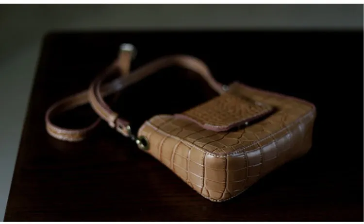 Brown LEATHER Side Bag WOMEN Crocodile SHOULDER BAG Small Crossbody Purse FOR WOMEN