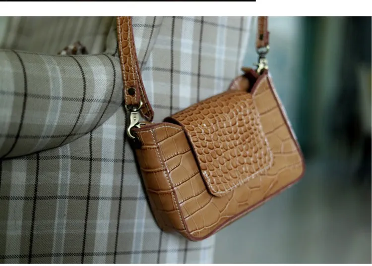 Brown LEATHER Side Bag WOMEN Crocodile SHOULDER BAG Small Crossbody Purse FOR WOMEN