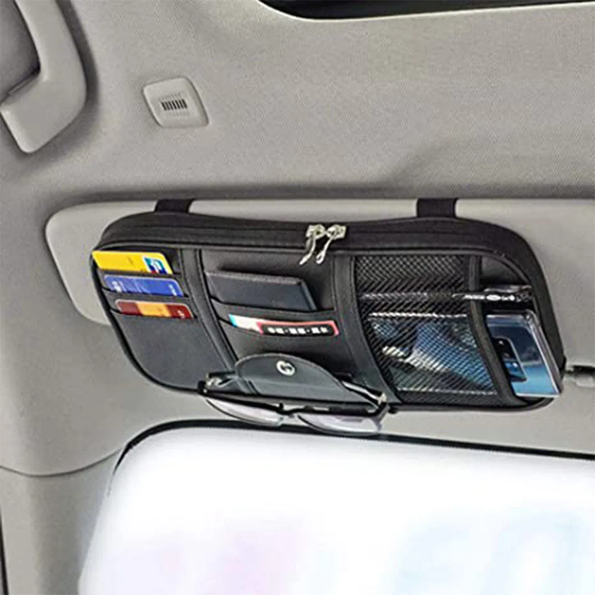 Car Sun Visor Organizer Auto Car Visor Pocket and Interior Accessories Car Truck Visor Storage Pouch Holder with Multi-Pocket Net Zippers, Custom fit for Car