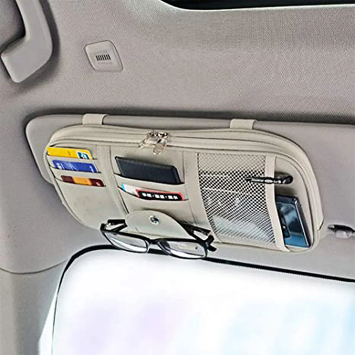 Car Sun Visor Organizer Auto Car Visor Pocket and Interior Accessories Car Truck Visor Storage Pouch Holder with Multi-Pocket Net Zippers, Custom fit for Car