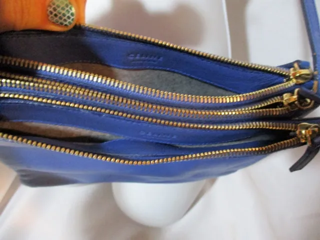 CELINE PARIS Leather TRIO Crossbody Zip Bag Purse BLUE