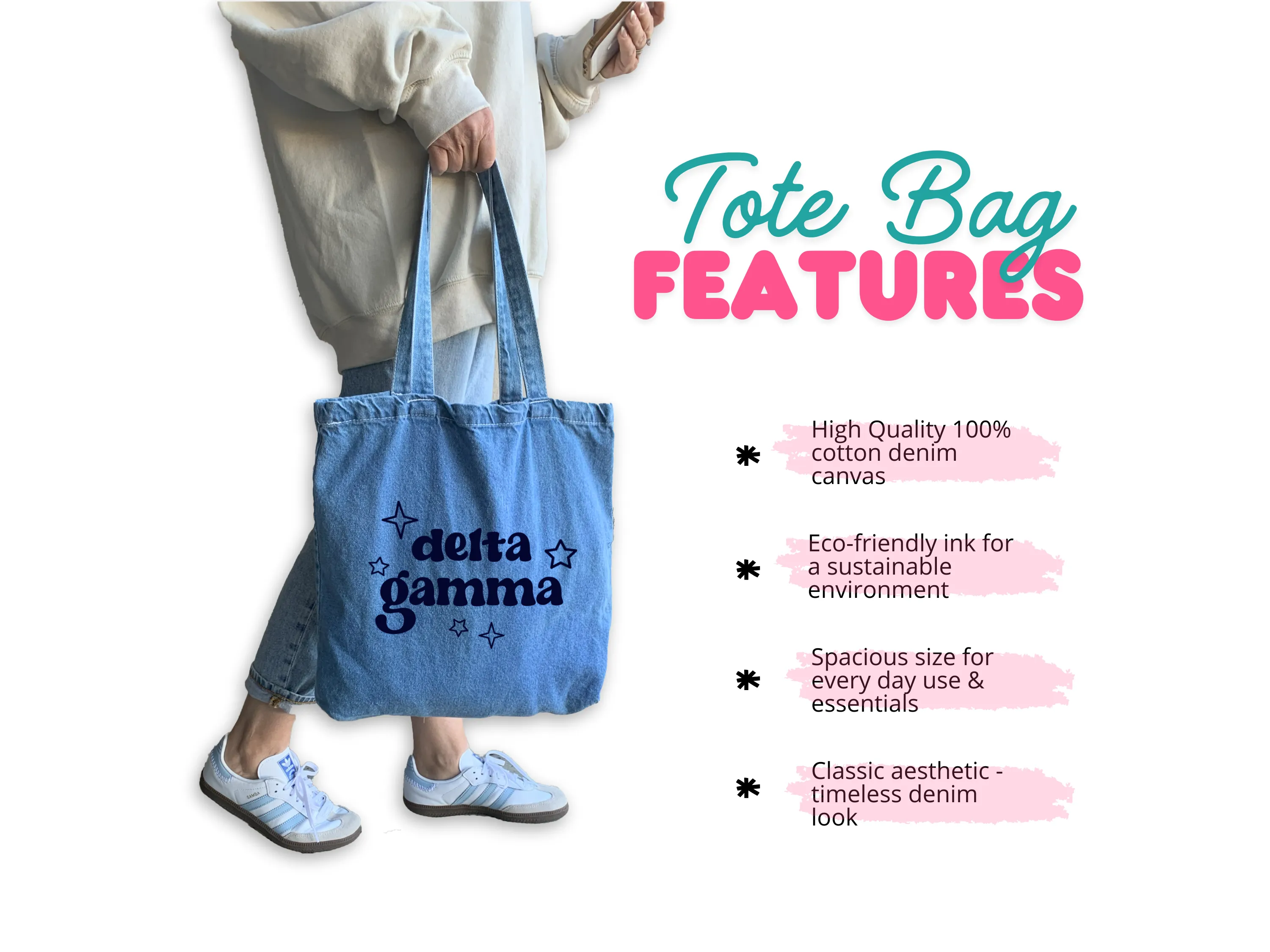 Chi Omega Denim Tote Bag - Sorority Gift, Big Little Reveal, Bid Day, Greek Life Accessory