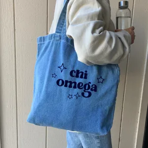 Chi Omega Denim Tote Bag - Sorority Gift, Big Little Reveal, Bid Day, Greek Life Accessory