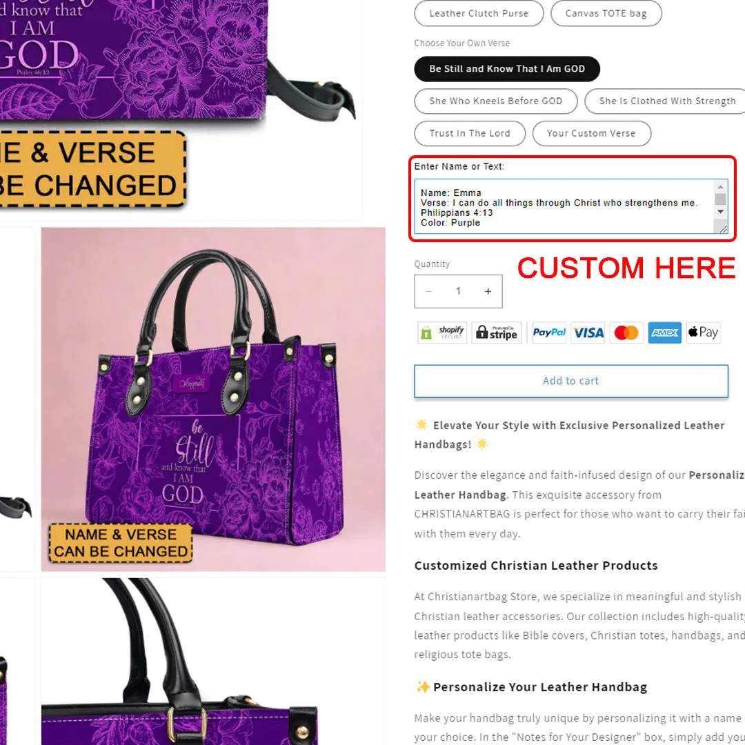 CHRISTIANARTBAG Handbag - Personalized Leather Handbag - Custom Verse Christian Bag - Custom Color bags - CABLTHB01010624.