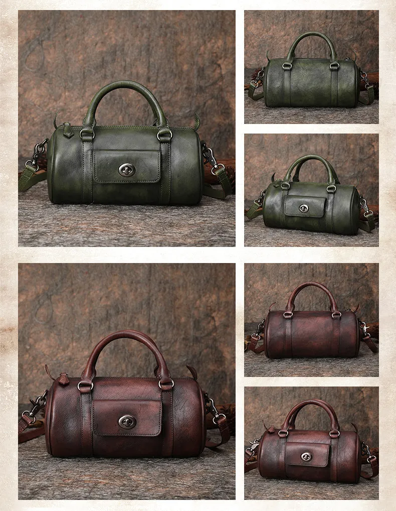Coffee Leather Womens Barrel Handbag Handmade Barrel Handbag Crossbody Purse for Ladies
