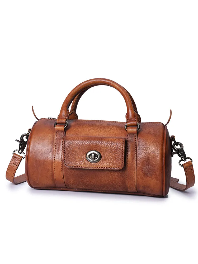 Coffee Leather Womens Barrel Handbag Handmade Barrel Handbag Crossbody Purse for Ladies