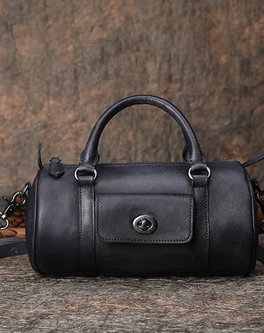 Coffee Leather Womens Barrel Handbag Handmade Barrel Handbag Crossbody Purse for Ladies