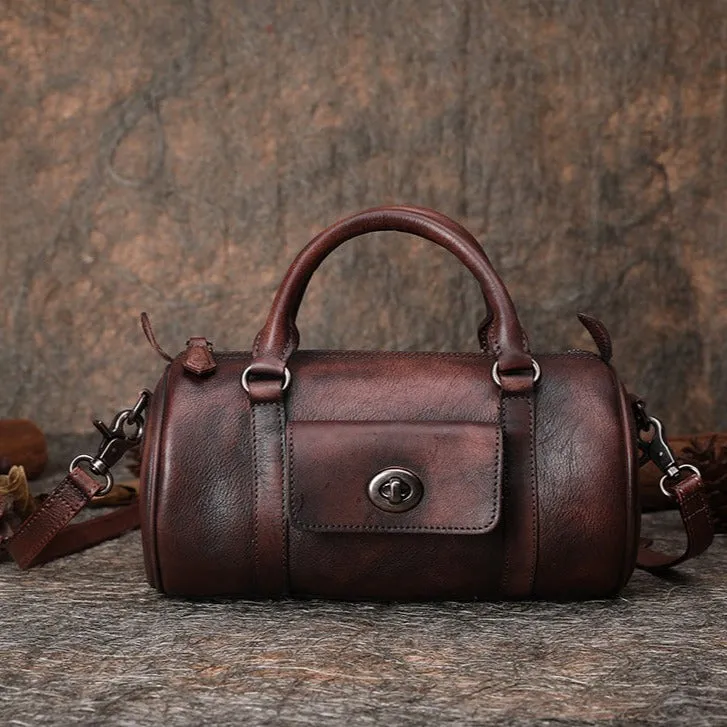 Coffee Leather Womens Barrel Handbag Handmade Barrel Handbag Crossbody Purse for Ladies