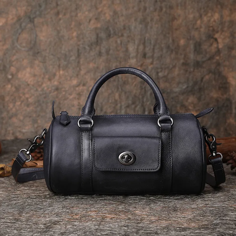 Coffee Leather Womens Barrel Handbag Handmade Barrel Handbag Crossbody Purse for Ladies
