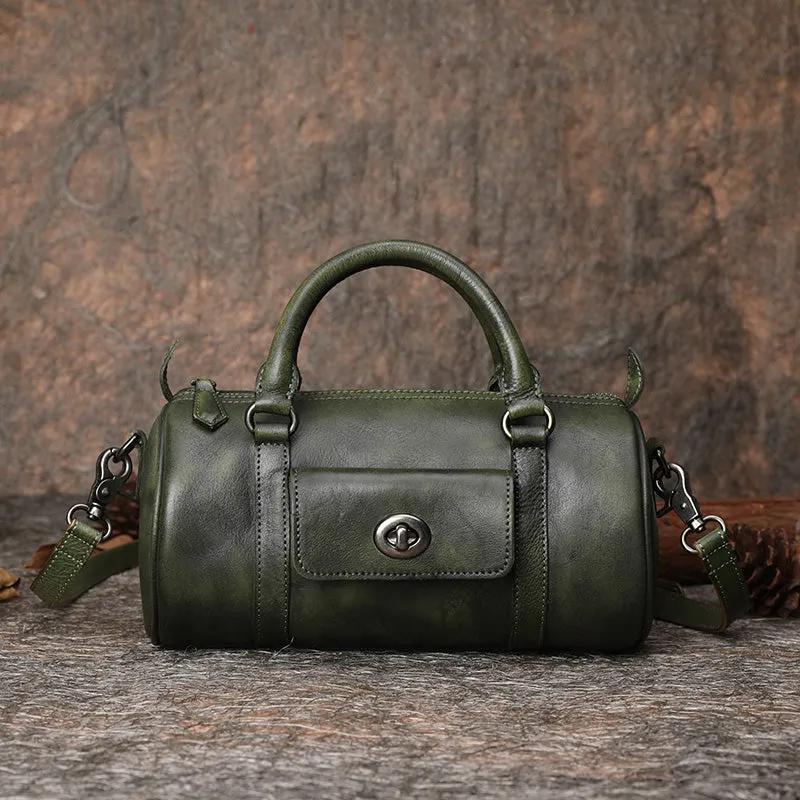 Coffee Leather Womens Barrel Handbag Handmade Barrel Handbag Crossbody Purse for Ladies