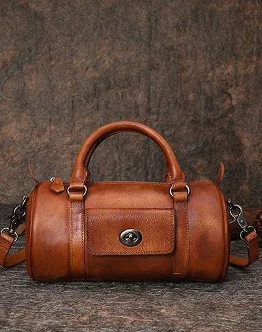 Coffee Leather Womens Barrel Handbag Handmade Barrel Handbag Crossbody Purse for Ladies