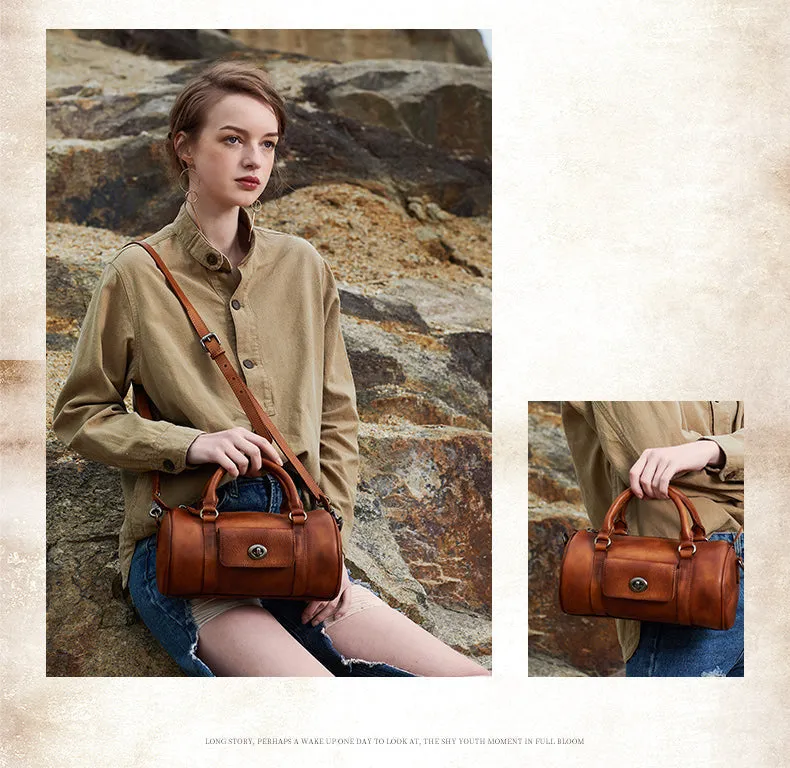Coffee Leather Womens Barrel Handbag Handmade Barrel Handbag Crossbody Purse for Ladies