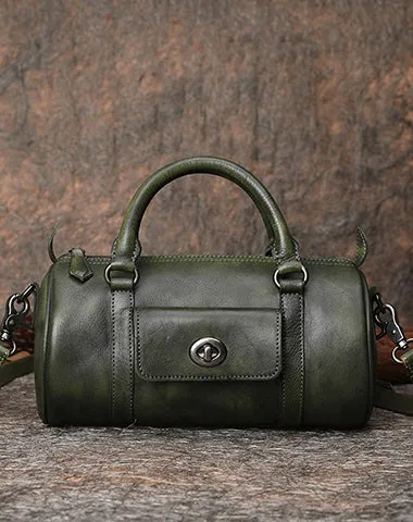 Coffee Leather Womens Barrel Handbag Handmade Barrel Handbag Crossbody Purse for Ladies