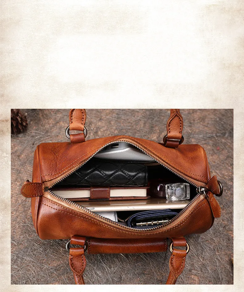 Coffee Leather Womens Barrel Handbag Handmade Barrel Handbag Crossbody Purse for Ladies