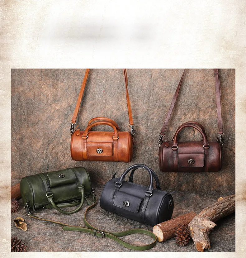 Coffee Leather Womens Barrel Handbag Handmade Barrel Handbag Crossbody Purse for Ladies
