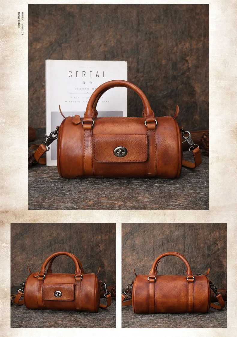 Coffee Leather Womens Barrel Handbag Handmade Barrel Handbag Crossbody Purse for Ladies
