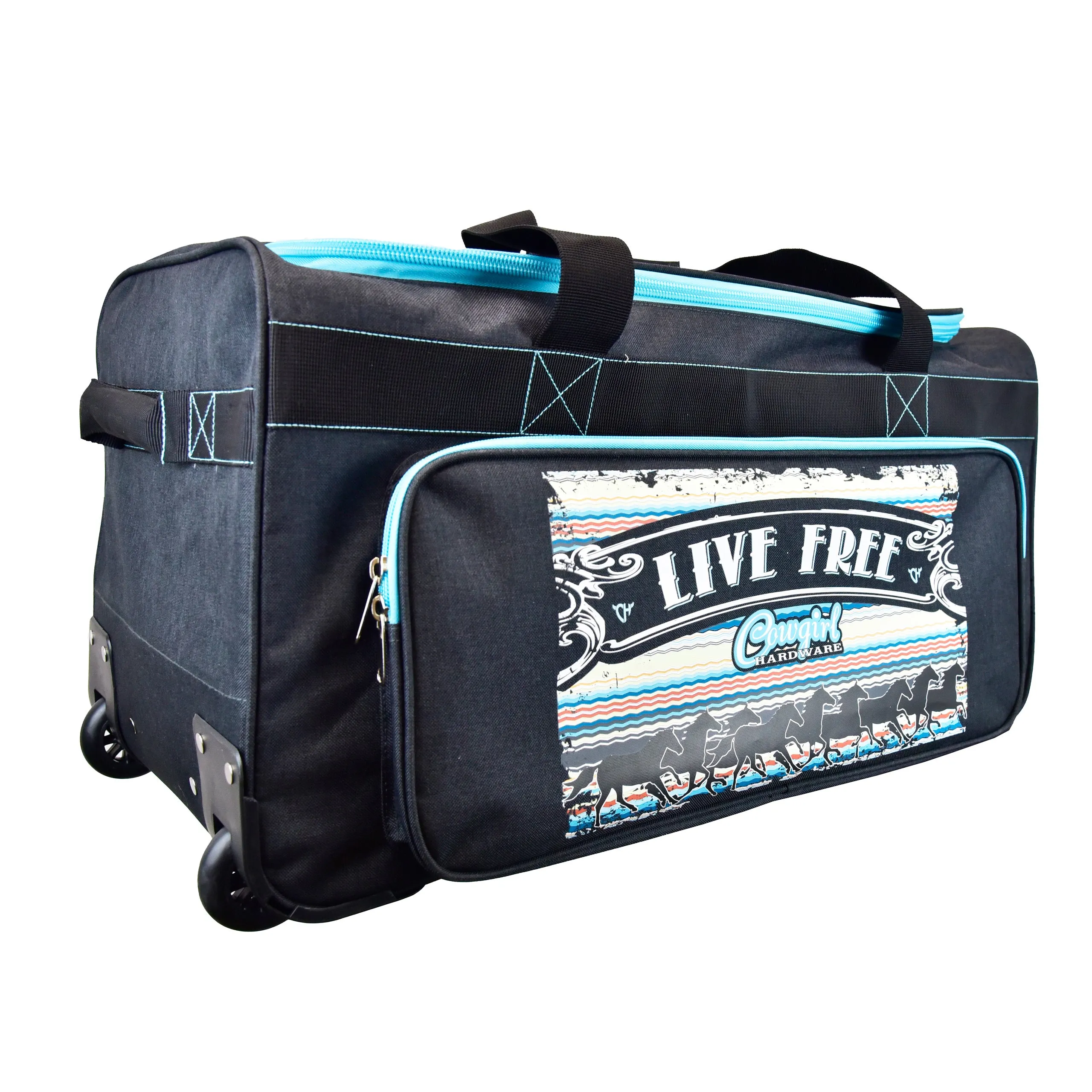 Cowgirl Hardware Live Free Serape Gear Bags in Grey and Turquoise