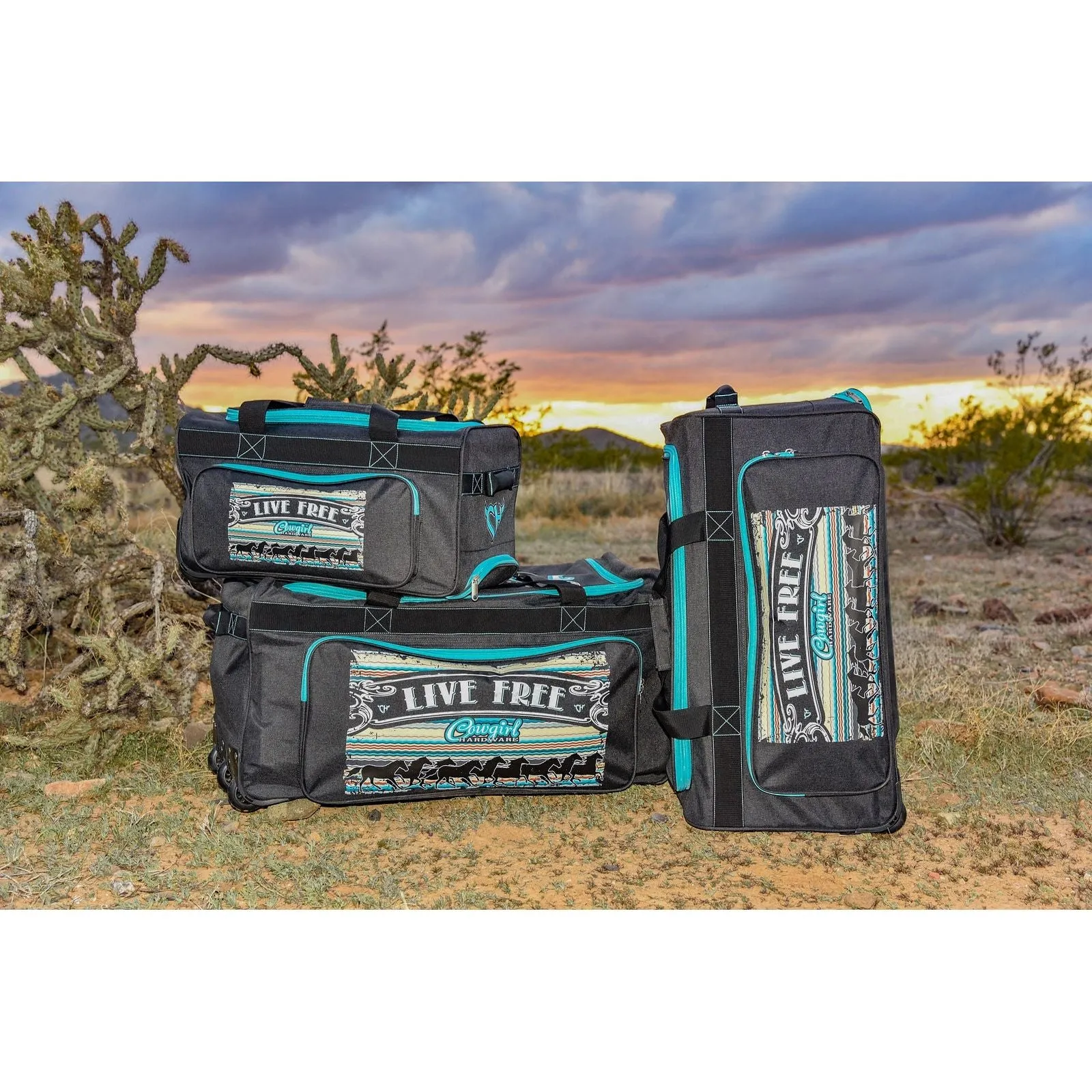 Cowgirl Hardware Live Free Serape Gear Bags in Grey and Turquoise