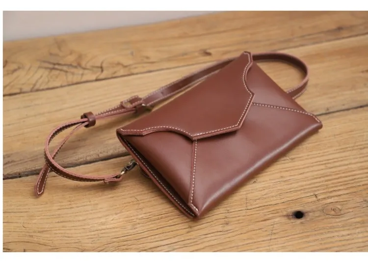 Cute Brown LEATHER Envelope WOMEN SHOULDER BAG Handmade Slim Envelope Crossbody Purse FOR WOMEN