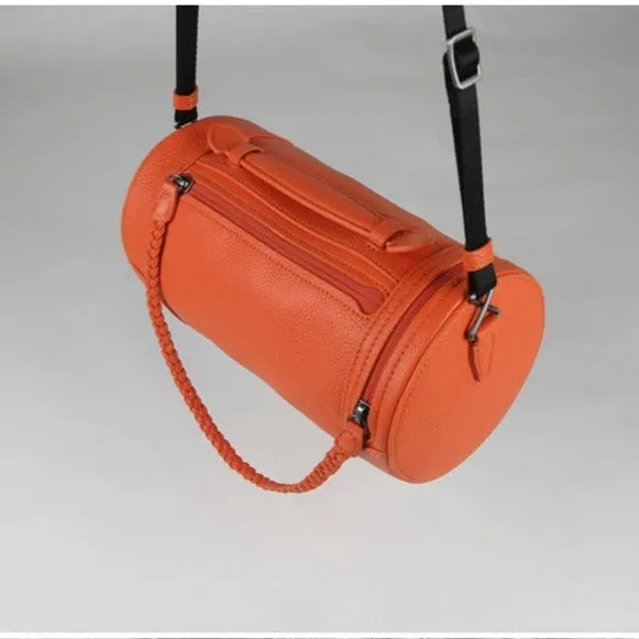 Cute Womens Orange Leather Bucket Shoulder Purse Barrel Crossbody Bag Purse for Ladies