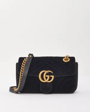 Gucci Black Matelasse Velvet Mini GG Marmont Shoulder Bag