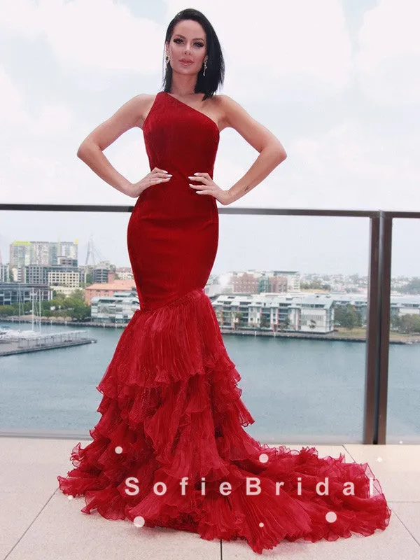 Mermaid One Shoulder Red Velvet Custom Long Prom Dresses,SFPD0049