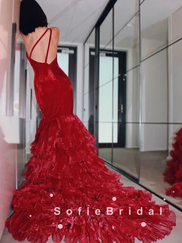 Mermaid One Shoulder Red Velvet Custom Long Prom Dresses,SFPD0049
