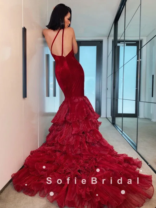 Mermaid One Shoulder Red Velvet Custom Long Prom Dresses,SFPD0049