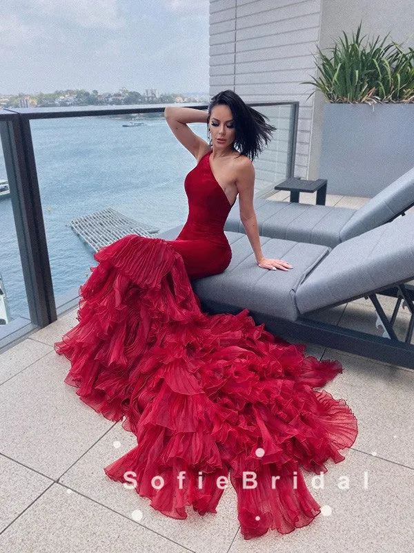 Mermaid One Shoulder Red Velvet Custom Long Prom Dresses,SFPD0049