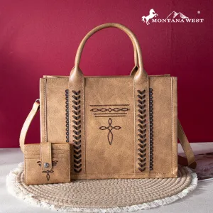 MW1124-H8120SW  Montana West Whipstitch Concealed Carry Tote With Matching Bi-Fold Wallet - Brown