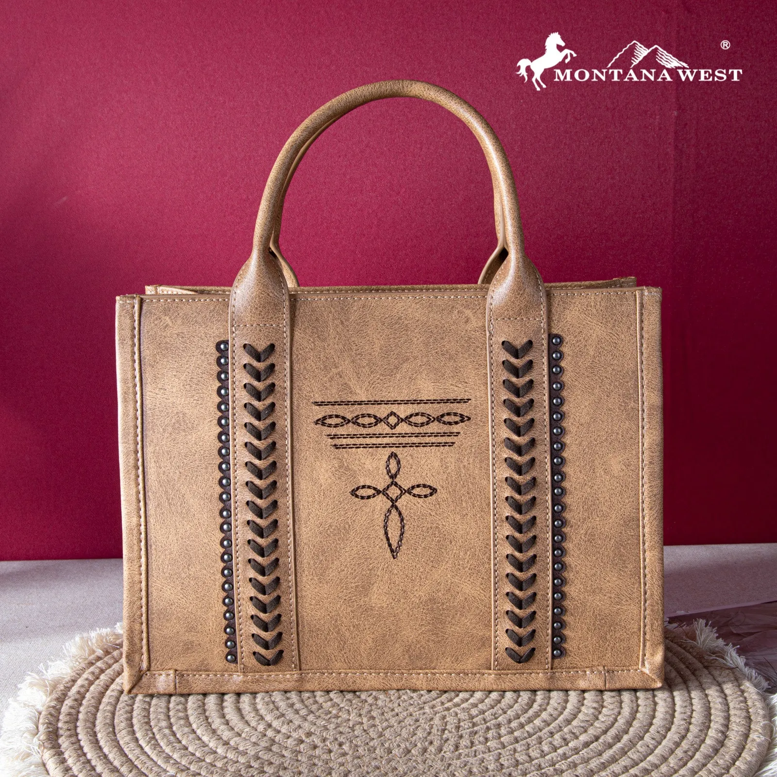 MW1124-H8120SW  Montana West Whipstitch Concealed Carry Tote With Matching Bi-Fold Wallet - Brown
