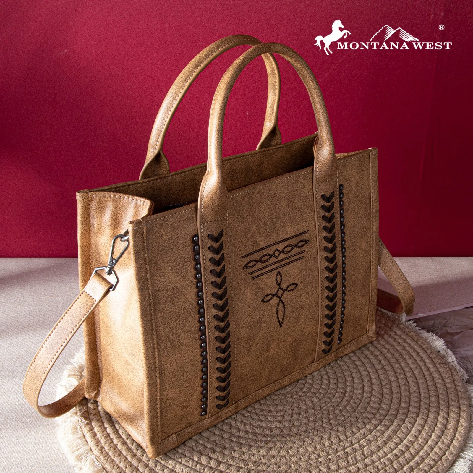 MW1124-H8120SW  Montana West Whipstitch Concealed Carry Tote With Matching Bi-Fold Wallet - Brown