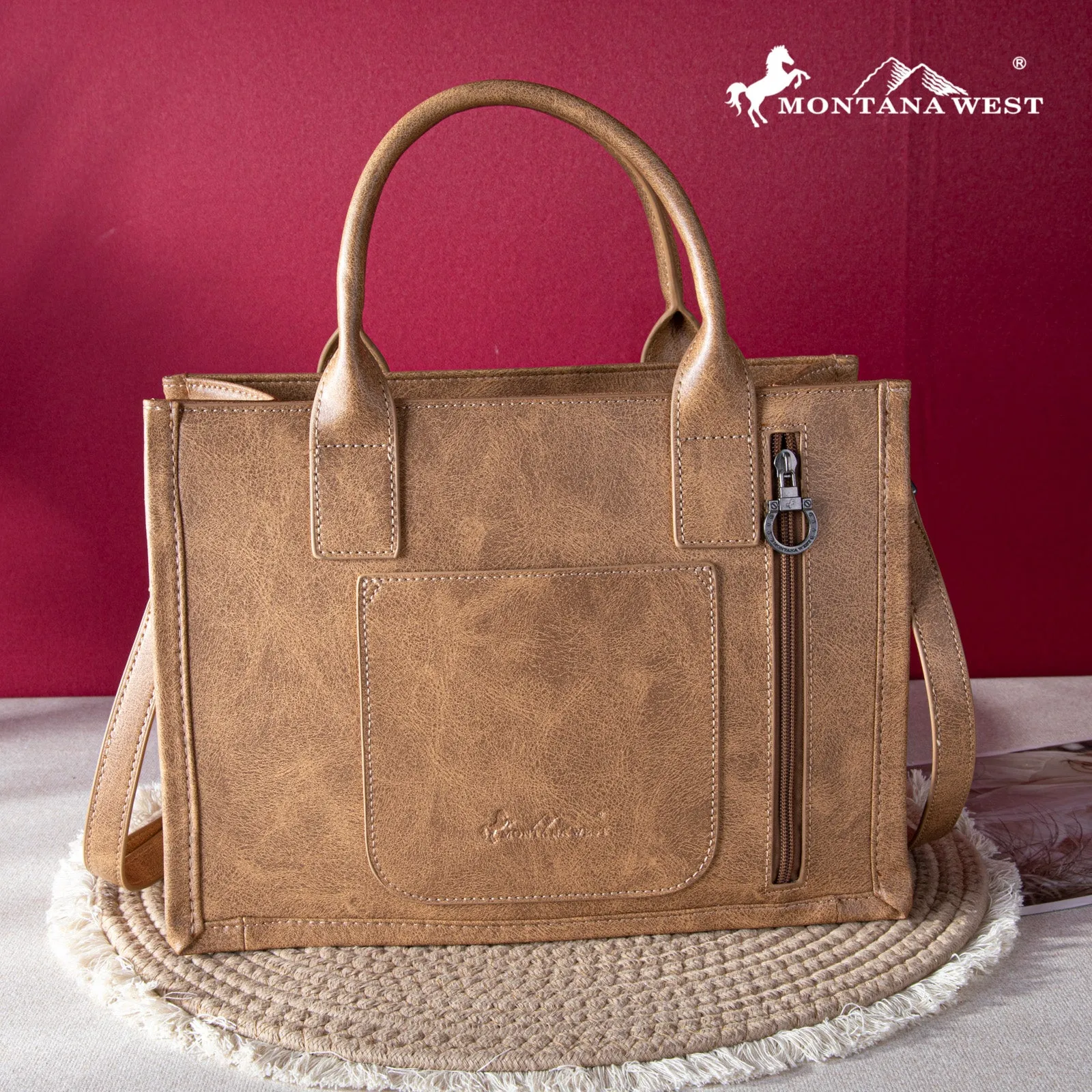 MW1124-H8120SW  Montana West Whipstitch Concealed Carry Tote With Matching Bi-Fold Wallet - Brown