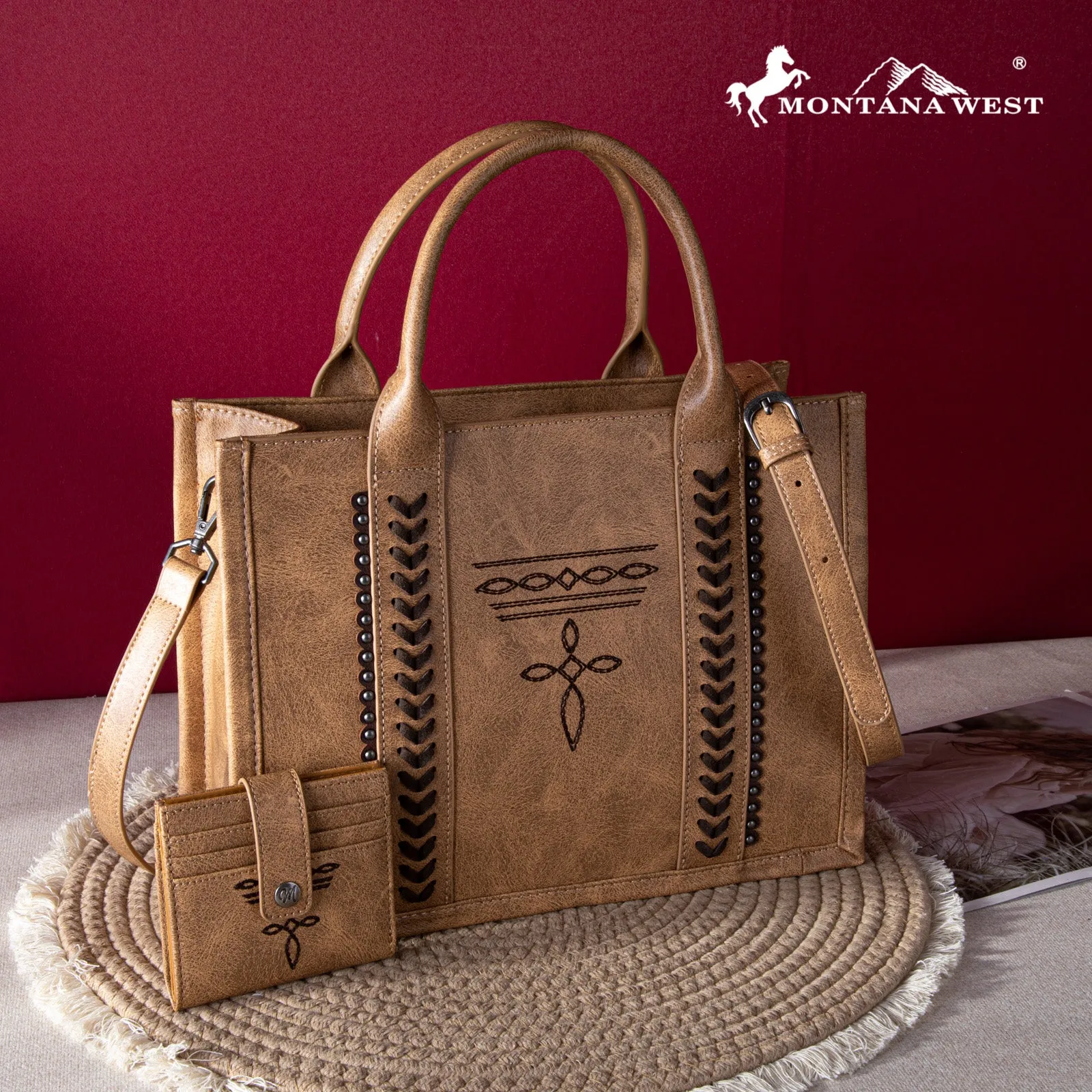 MW1124-H8120SW  Montana West Whipstitch Concealed Carry Tote With Matching Bi-Fold Wallet - Brown