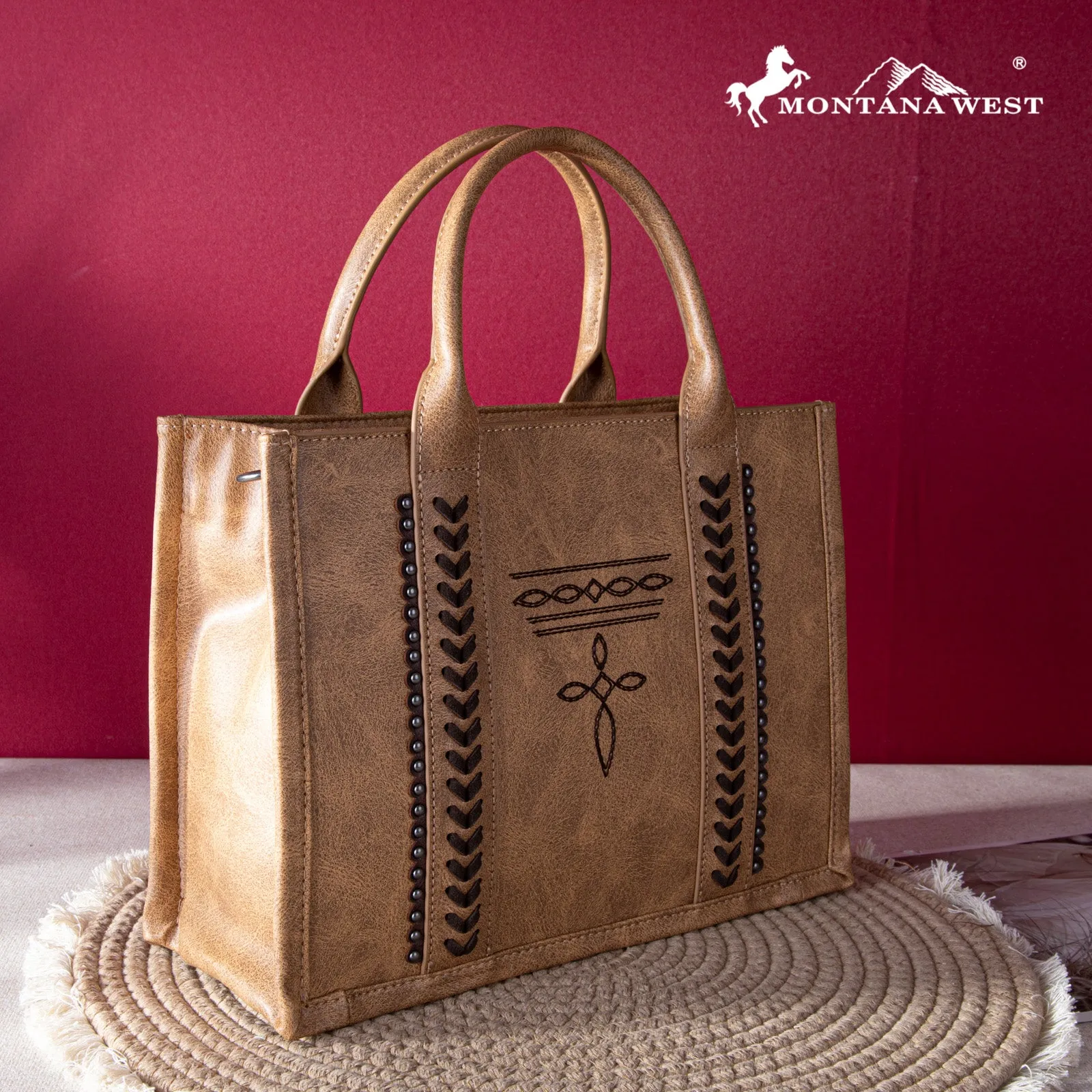 MW1124-H8120SW  Montana West Whipstitch Concealed Carry Tote With Matching Bi-Fold Wallet - Brown