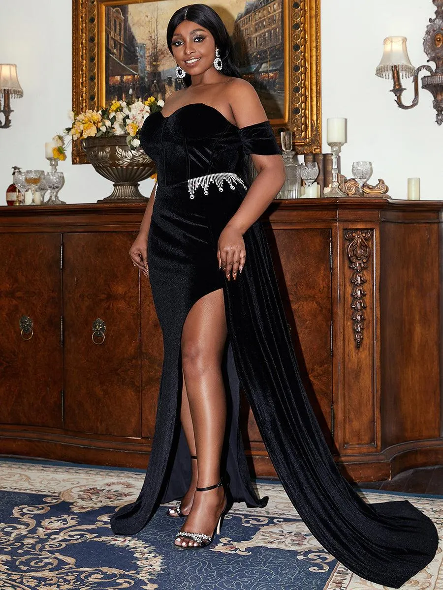 Off Shoulder High Split Velvet Dress XH1779