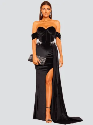 Off Shoulder High Split Velvet Dress XH1779