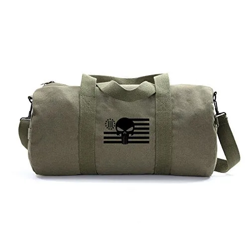 Punisher Skull Three Precenter American Flag Army Sport Heavyweight Canvas Duffel Bag in Olive &