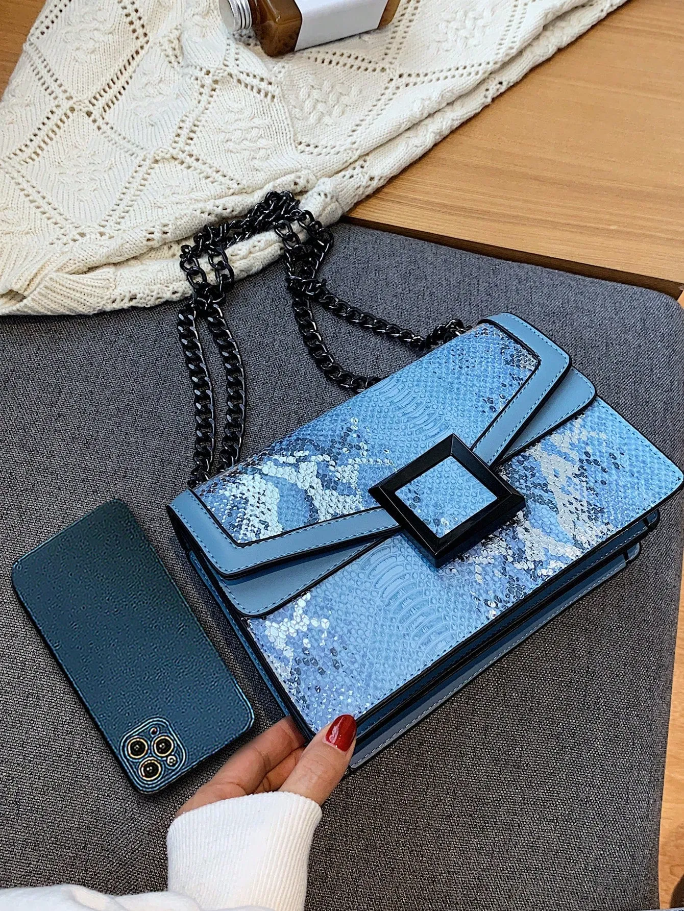 Snakeskin Embossed Square Bag Small Flap Chain Strap