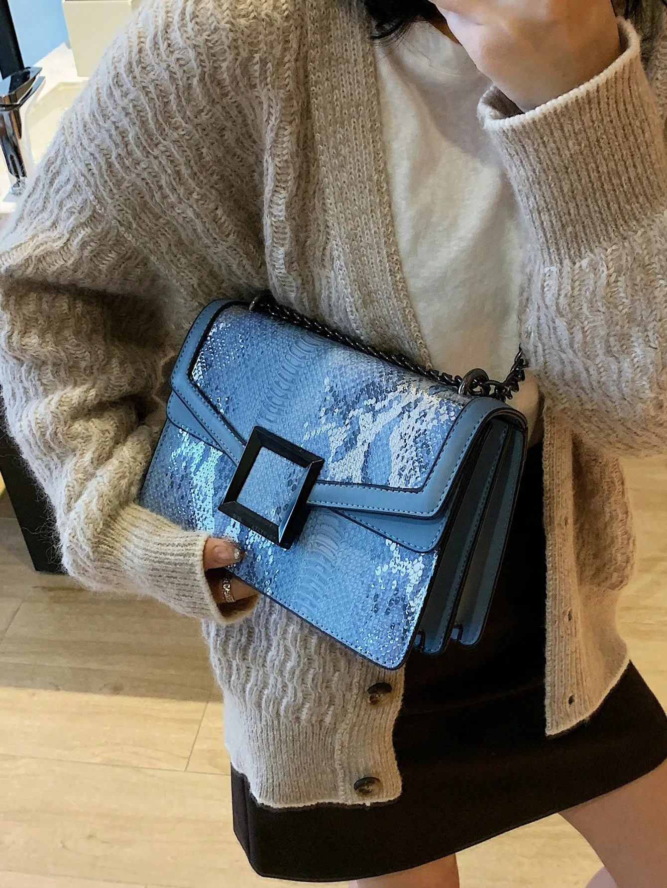 Snakeskin Embossed Square Bag Small Flap Chain Strap