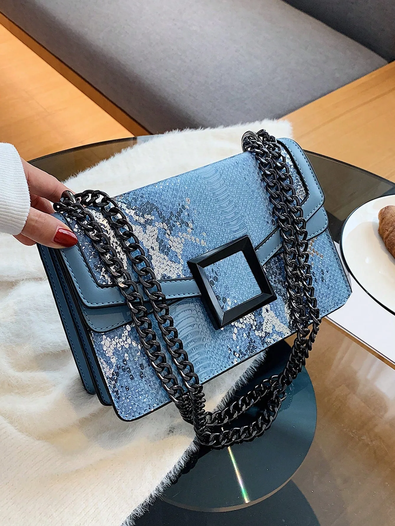 Snakeskin Embossed Square Bag Small Flap Chain Strap