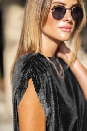 Velvet Ruched Shoulder Tee: Velvet Black  Amaryllis Apparel